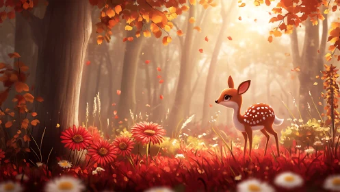Gentle fawn wandering through a glowing autumn woodland.
