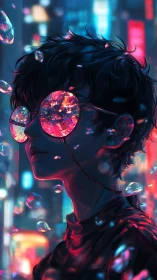Neon-lit urban portrait with refractive holographic eyewear.