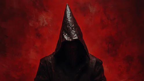 Shadowed hooded figure in red, a quiet mystery unfolds.