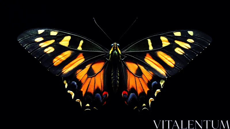 Bright butterfly wings on deep black isolated background.