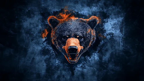 Ember-jawed bear erupting from stormy midnight canvas.