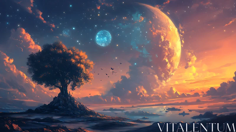Majestic lone tree watches colossal glowing planet rise.