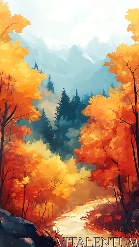 Autumn's Fiery Portal: Mountains Emerge Through Golden Foliage