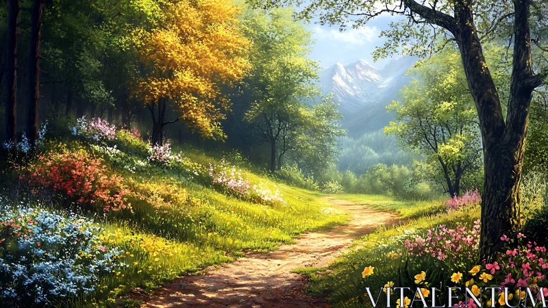 Forest path curves through bright wildflower meadow landscape