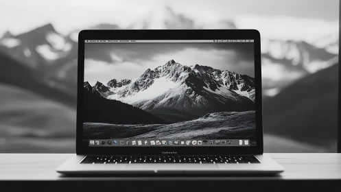 Laptop displays monochrome mountain landscape on desk.