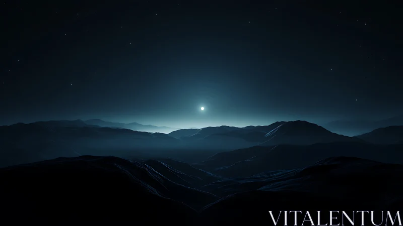 Midnight moonrise over layered blue mountain silhouettes.