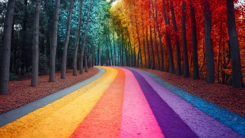 Vibrant rainbow forest road curves through a glowing autumn