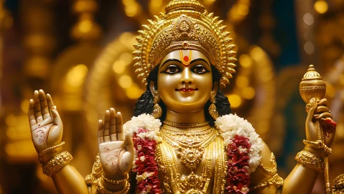 Radiant golden deity statue offering calm, welcoming grace.