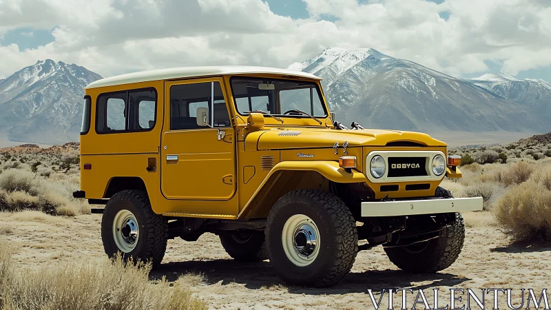 Yellow classic off road SUV parked in desert valley.