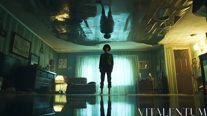 Person in flooded vintage living room with reflective ceiling.