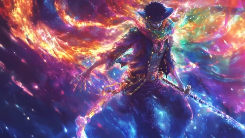 Spectral swordsman in chromatic plasma vortex field.