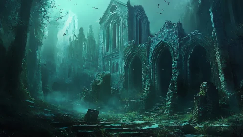 Ruined gothic cathedral stands in misty overgrown forest