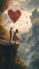 Two Hearts Holding an Impossible Red Balloon Above the City Below