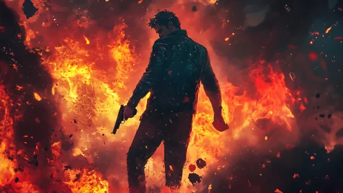 A Solitary Hero Stands Resolute Amid Raging Flames.