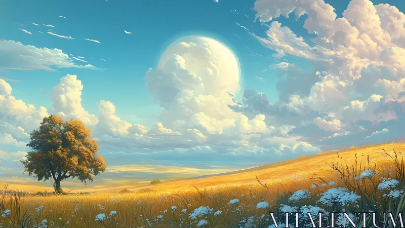 Expansive golden meadow under colossal pale moonlit sky