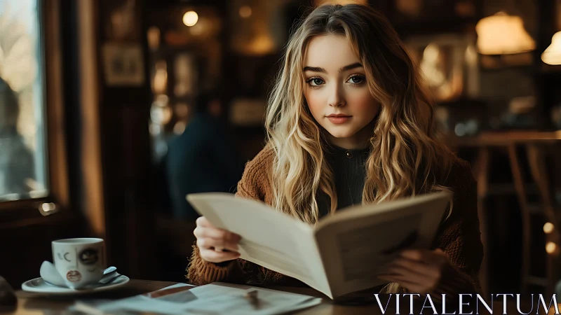 Shallow depth portrait of woman reading in warm café lighting