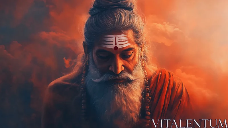 Mystic sage portrait in glowing orange spiritual haze.