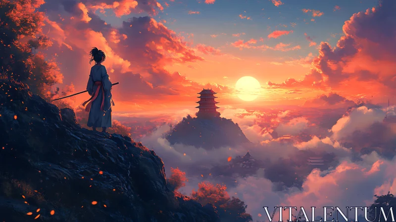 Sunset samurai gazes over misty mountains in quiet wonder
