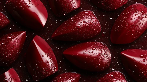 Glossy ruby droplets form geometric pattern under droplets.