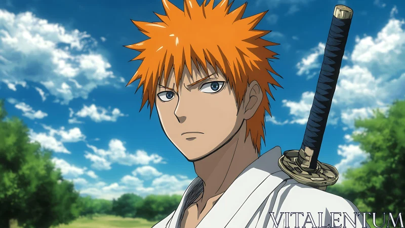 Orange-haired anime swordsman stands under vivid blue sky.