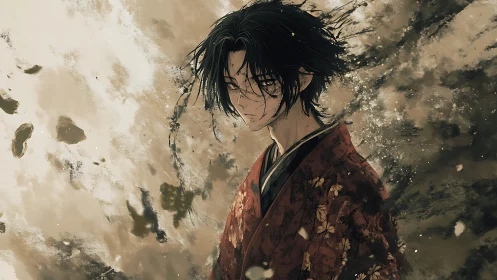 Storm eyed wanderer in tattered kimono of quiet embers.