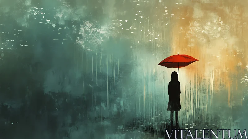 Solitary figure with red umbrella in painterly rainfall.