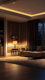 Warm modern living room with sofa, lamp, and wood paneling.