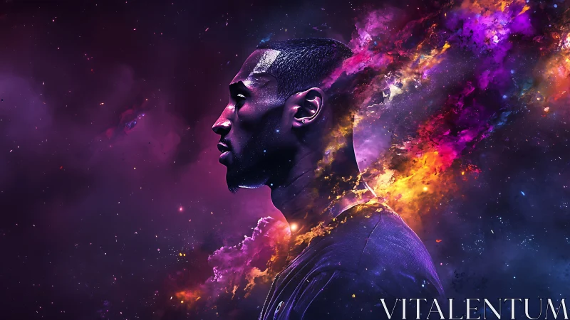 Profile portrait of man merging with vivid cosmic nebula