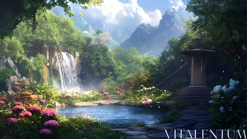 Digital landscape depicts garden pond, waterfall and mountains