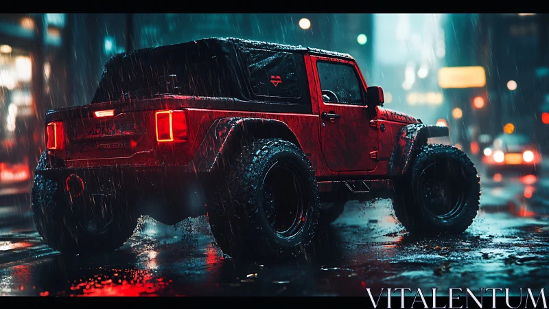 Red offroad SUV dominates neon city street in heavy rain.