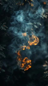 Forest ember dance swirling through cool blue smoke.