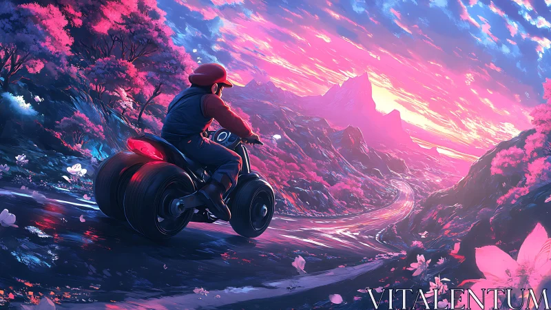 Motorcyclist rides toward a neon sunset over surreal hills