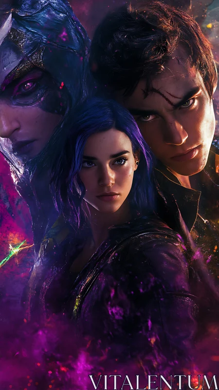 Photorealistic neo-fantasy character triptych in nebula haze.