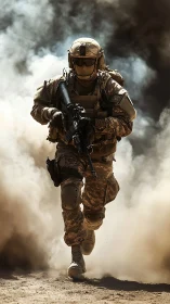 Armored soldier advances through dense battlefield dust clouds