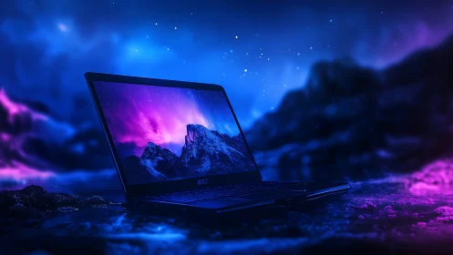 Laptop on reflective surface with neon night landscape screen.