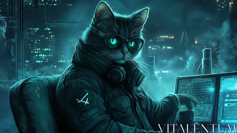 Midnight data heist unfolds beneath a neon‑lit feline gaze