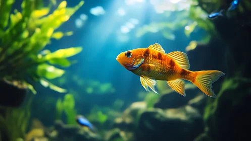 Goldfish swims in clear aquarium with backlit plants