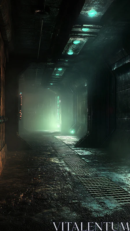 Cyberpunk service corridor with volumetric neon haze rendering.