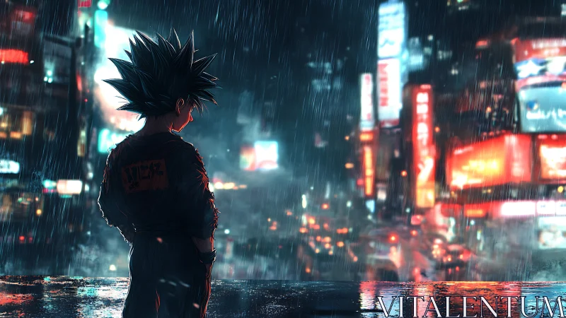 Anime hero stands in rainy neon city at night.