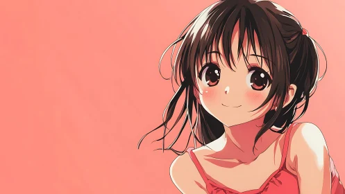 Anime portrait of dark haired girl on flat coral background.