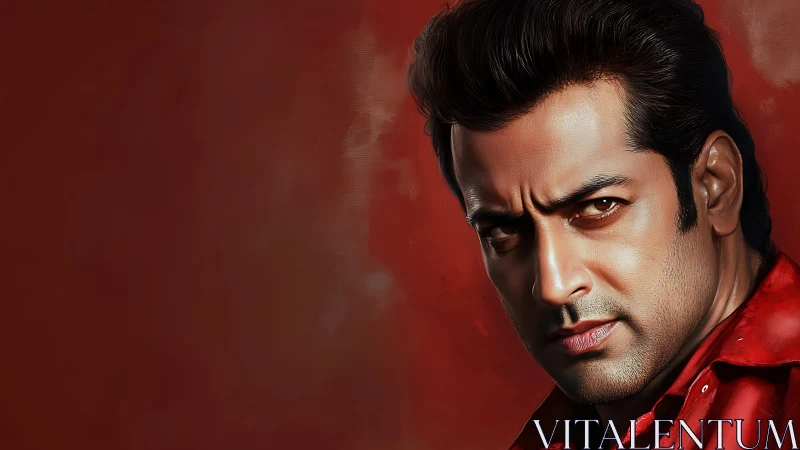 Intense digital portrait against deep textured red background.