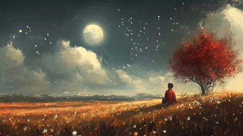 Figure under red tree observing moon over open field.