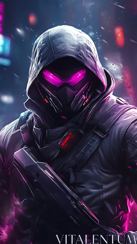 Hooded cyberpunk soldier with neon visor and rifle stance.