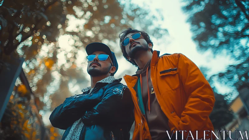 Low-angle urban portrait of two men in stylized complementary jackets