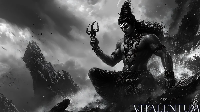 Stormlit godlike figure sits calmly upon jagged mountains