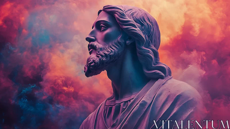 Digital statue profile of robed man framed by vivid clouds