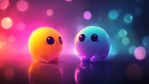 Two glossy blob characters sit in neon bokeh lighting