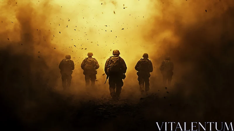 Soldiers walk into dense orange battlefield smoke and dust