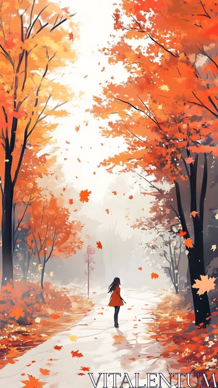 Solitary figure on misty autumn path under vibrant maple canopy