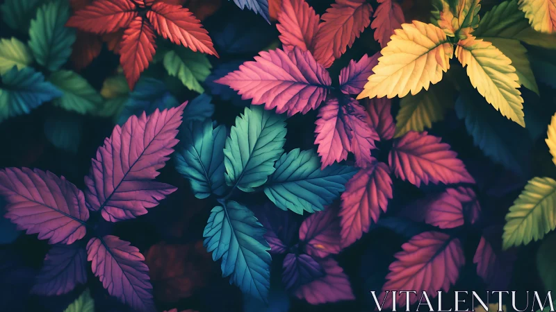 Digital painting of neon foliage with layered chromatic leaves.